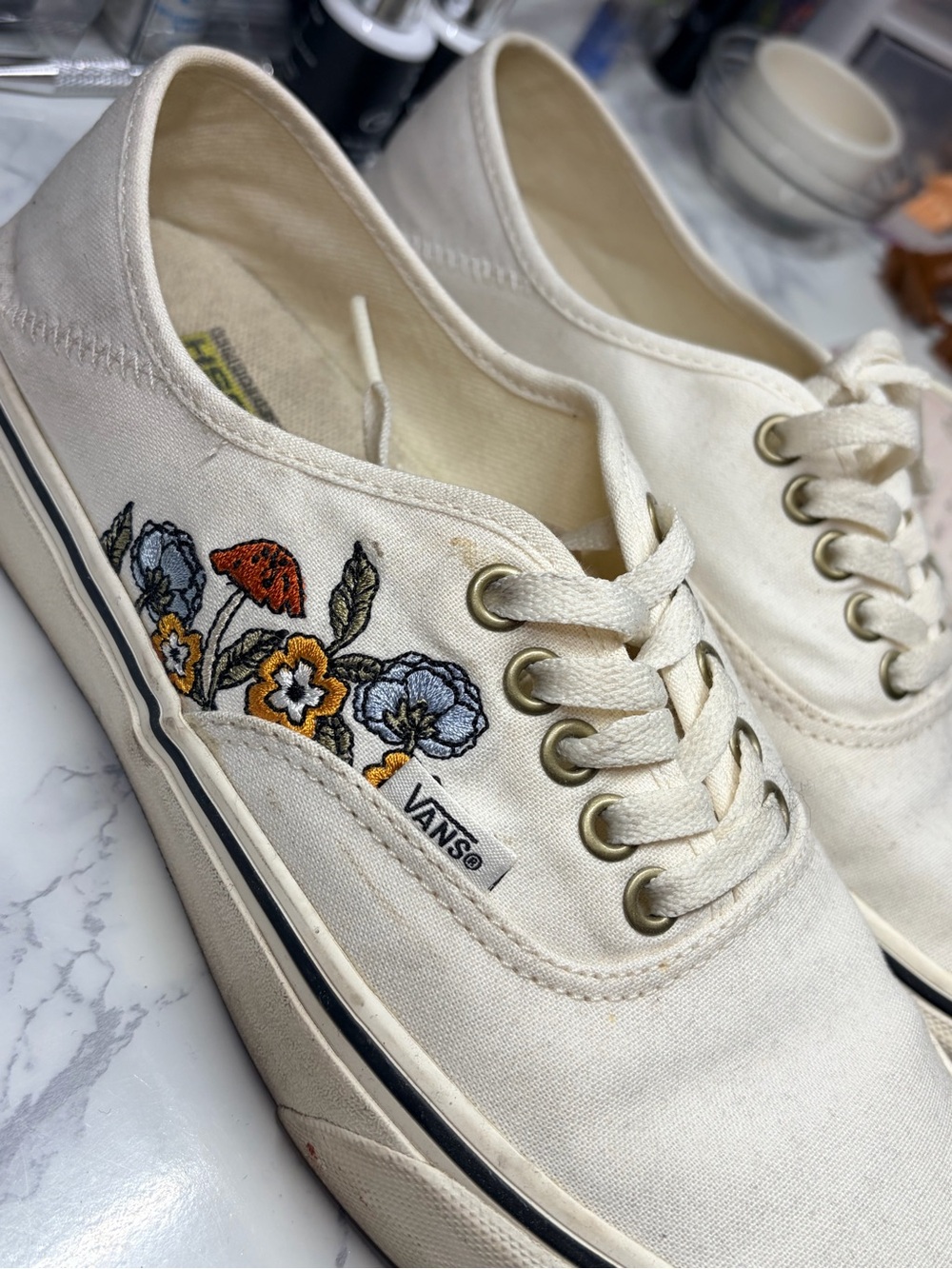 Vans Cream Canvas Sneakers with Floral Embroidery